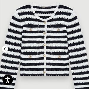 Maje Black and White Striped Cardigan Crochet Effect with Pearl Accents